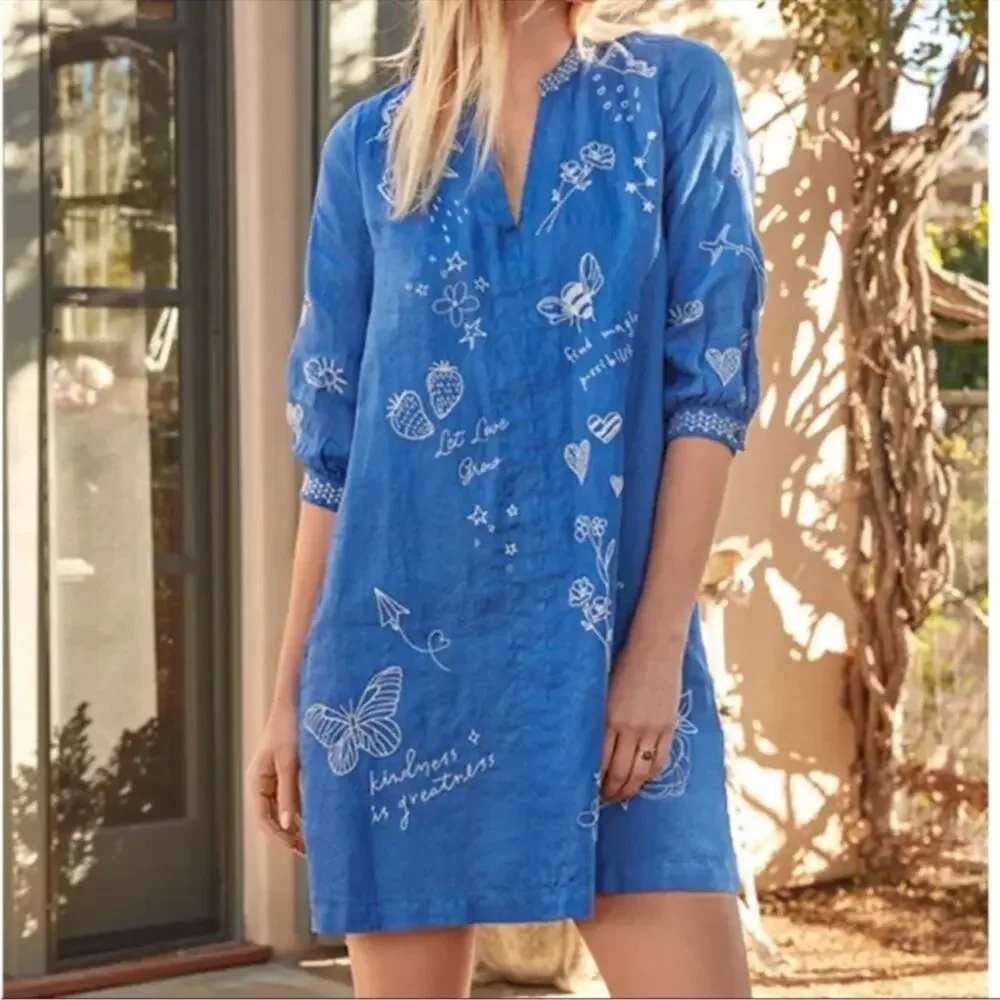 Johnny Was Sovanna Blue Embroidered Linen Bishop Sleeves Tunic Dress Size Small - Picture 11 of 11